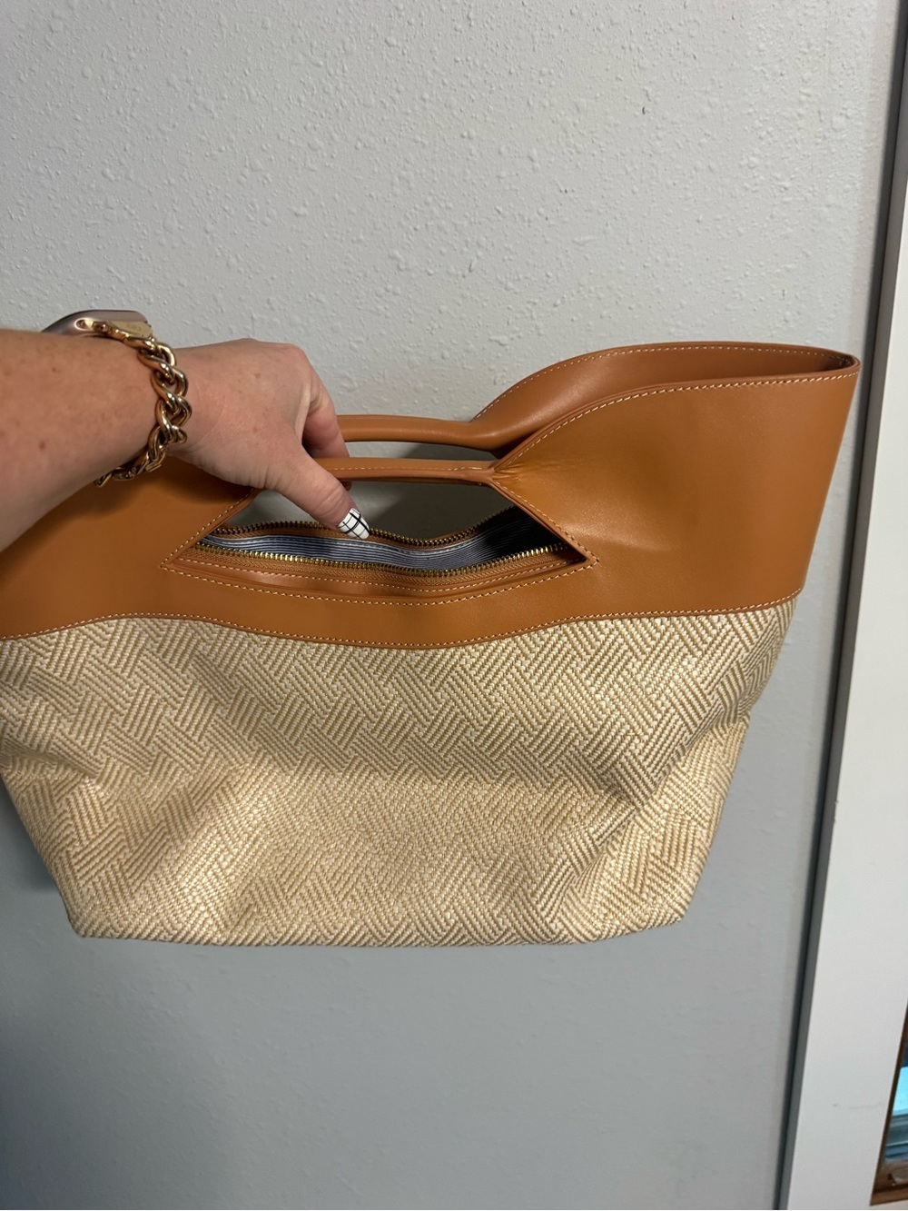 Tan and Cream Woven Tote with Leather Trim